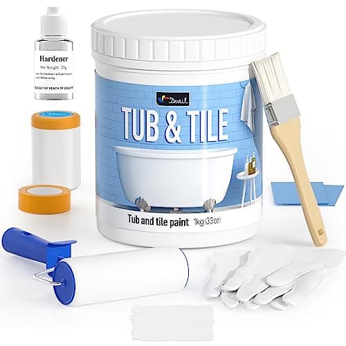 DWIL Tub Paint, Tub and Tile Refinishing Kit 33oz with Tools, Tile Refinishing Kit White Bathtub Paint Water Based &Low Odor, Easy to Use Sink for Bathroom Kitchen, Semi-Gloss White, 50-55sq.ft