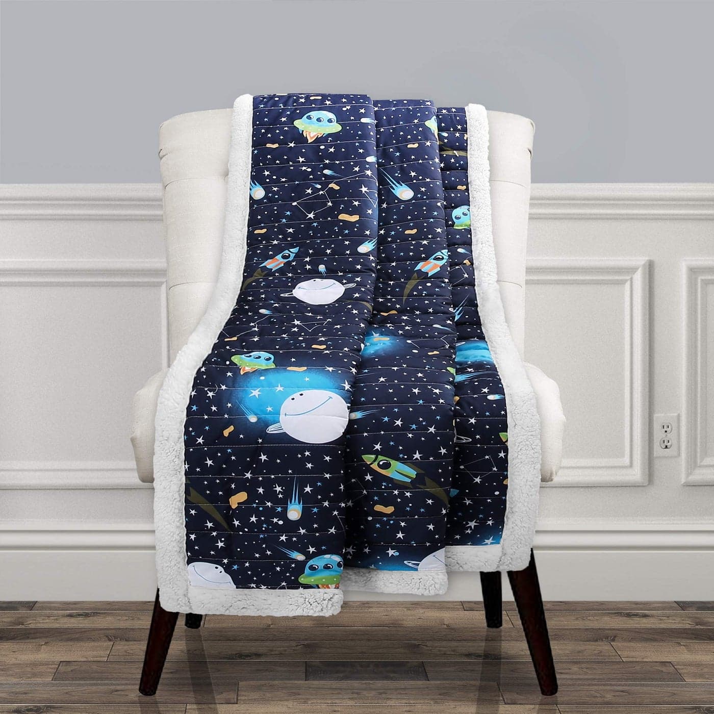 Lush Decor Navy Universe Sherpa ThrowOuter Space Stars Galaxy Planet Rocket Pattern Reversible Blanket60 x 50 60 x 50 16T003038