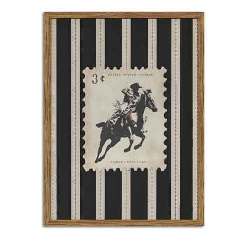 Vintage Western Cowboy Wall Art Black and White Striped Cowboy Riding Horse Wall Decor Paintings Mid Century Rodeo Southwestern Poster Canvas Print for Bedroom Living Room 12x16 inch Wood Framed