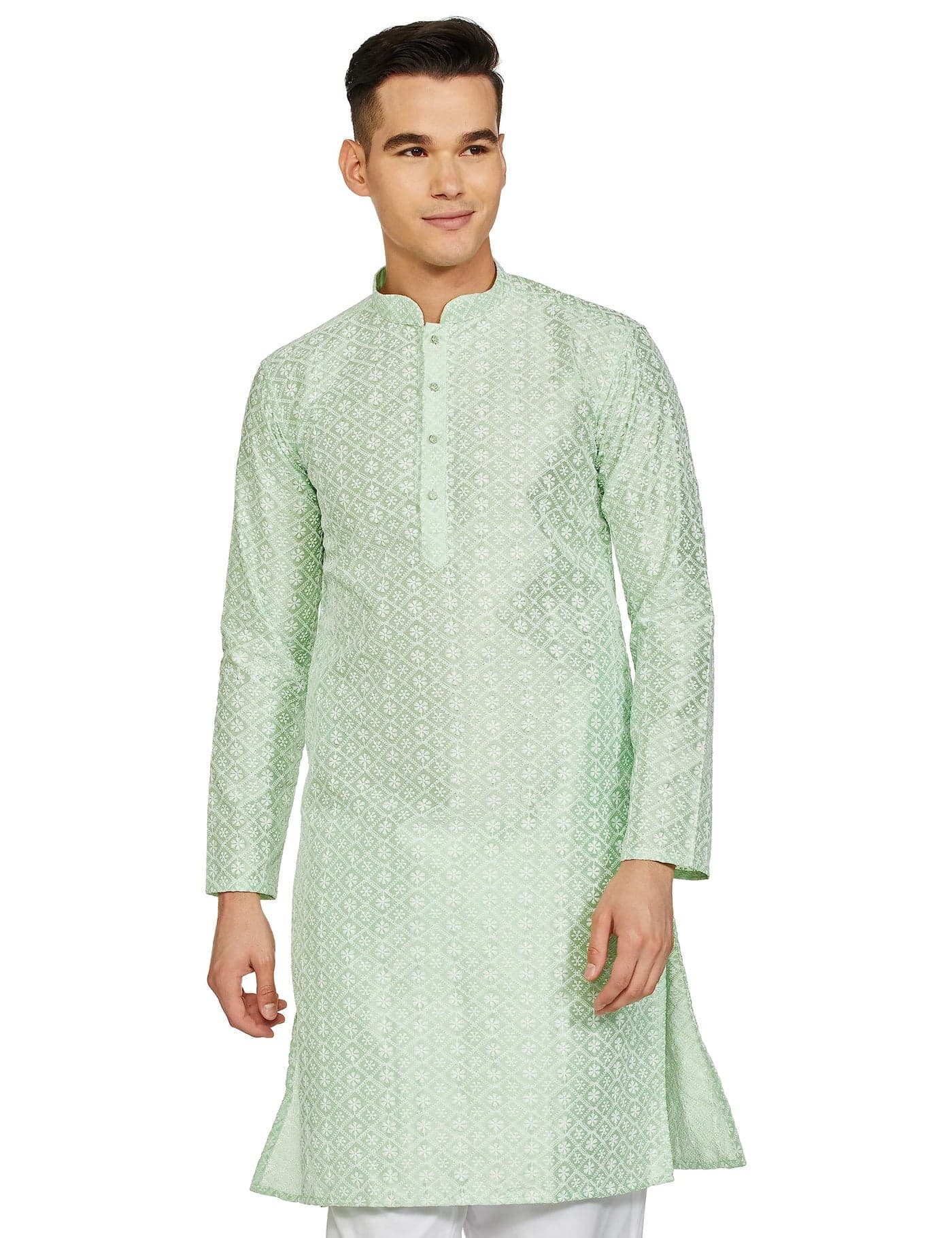 BE ACTIVE Men's Traditional Embroidered Lucknowi Full Sleeves Kurta || Cotton Kurta for Men || Men Kurta for Wedding || Kurta for Men (RFSK0013-KR 15 L) Light Green