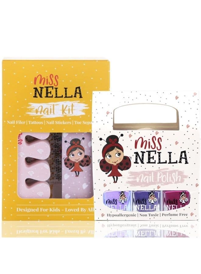 Miss Nella NAIL KIT & Purple Unicorn- Nail accessories for kids- 3 peel off nail polish, nail stickers, tattoos, nail filer & toe separators- all designed foe children hands & toes