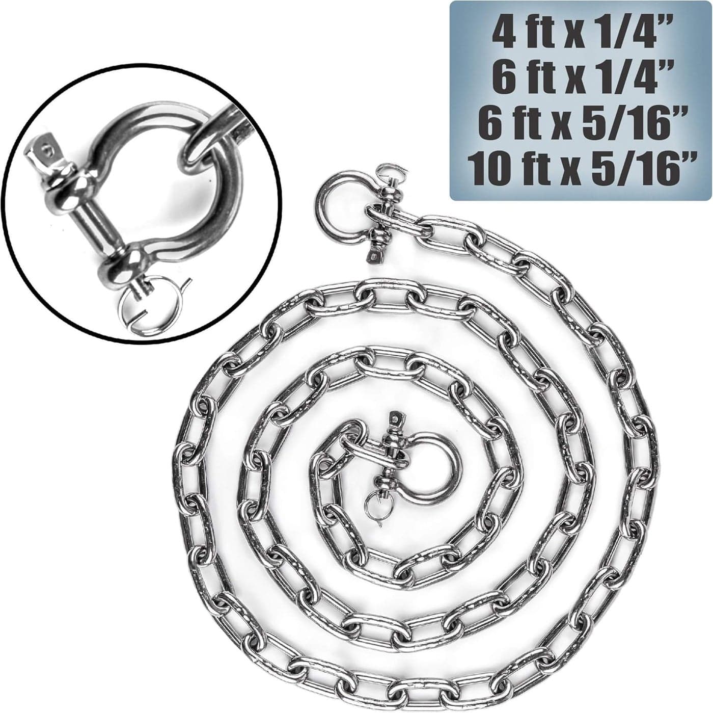 HarborCraft Stainless Steel 316 Anchor Chain with Lock Ring Shackles - 4 Sizes Available