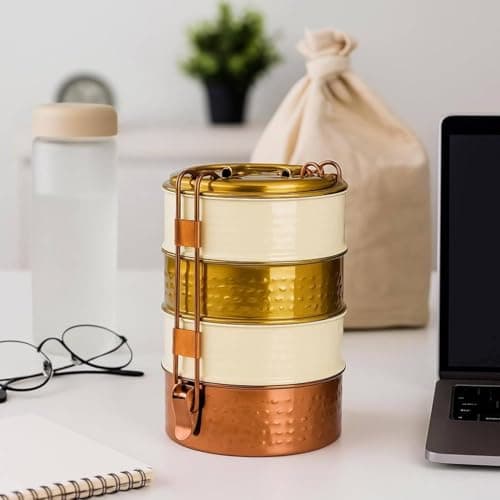 Elan 4 Compartment Lunch Box |Stainless Steel Four Tier Tiffin Box | Easy to Carry |Traditional Indian Lunch Box for Men | (White/Gold)