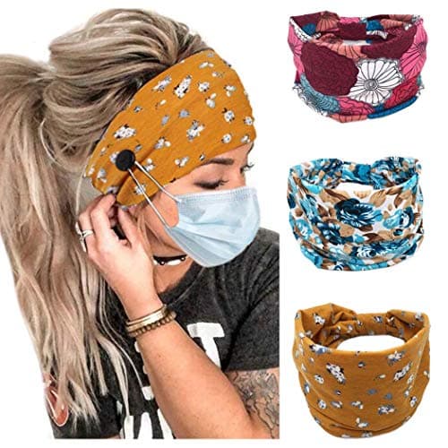 Bohend Boho Button Headbands Wide Stretchy Daily Use Hair Band Headwear Sport Athletic Yoga Gym Hair Accessories for Women and Girls(3pcs) (K)