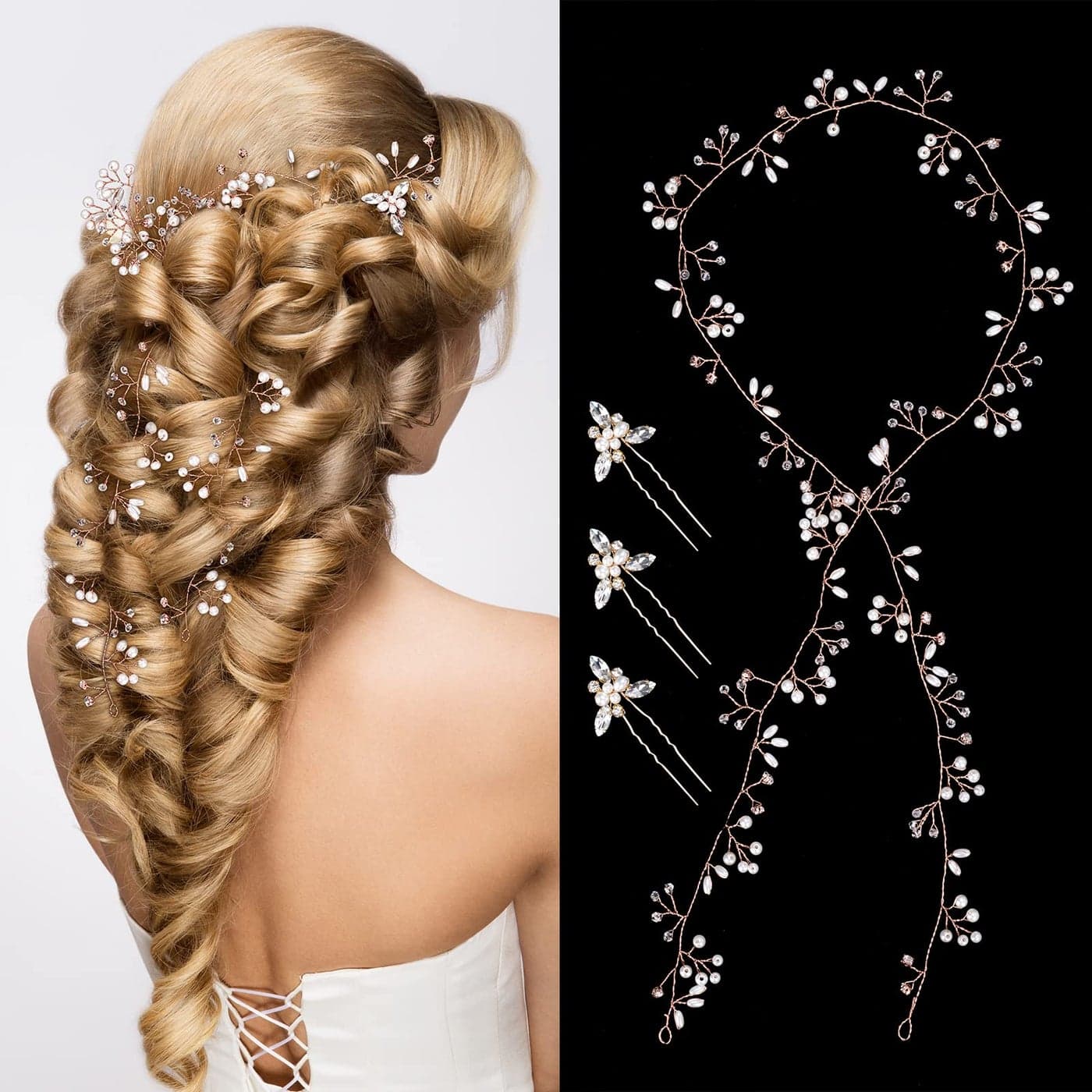 Nljihkure Wedding Hair Bridal Hair Accessories Pieces for Brides Hair Vine Crystal Extra Long Pearl and Beads Bridal Hair Vine Headband Head Pieces for Women and Girls Rose Gold