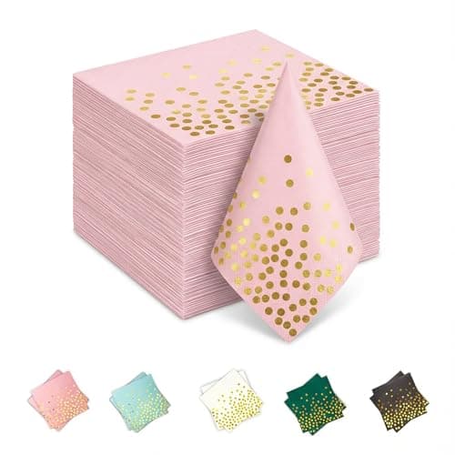 Yinbanban Stylish Paper Napkins 100 Packs,6.5" Pink Paper Napkins with Gold Polka Dots Design,Great Cocktail Napkins,Dinner Napkins Disposable for Labor day Wedding Birthday Party or Daily Use