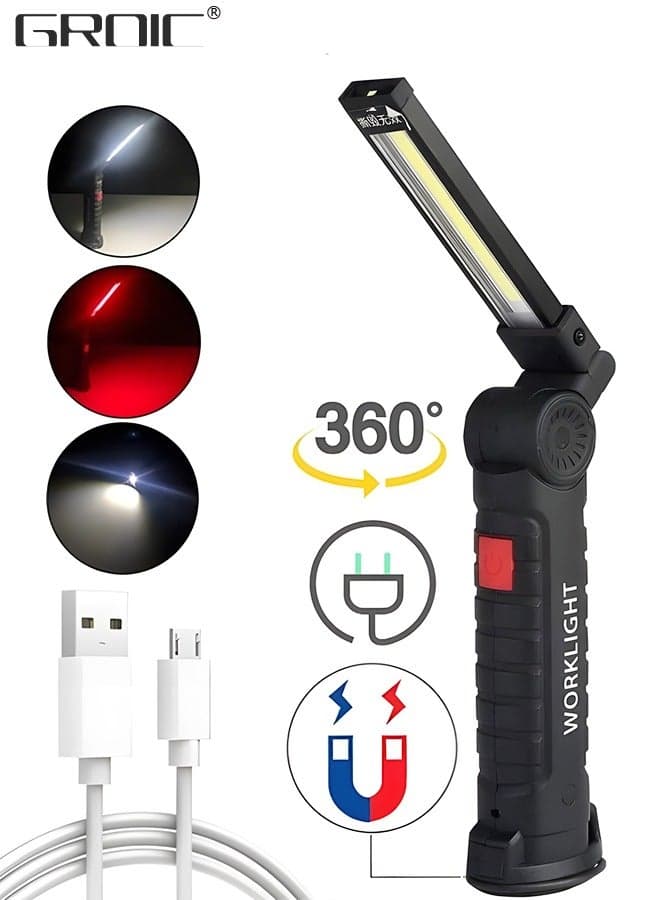 Rechargeable Work Lights, LED Work Light with Magnetic Base Hanging Hook, 360°Rotate 5 Modes Magnetic Rechargeable Flashlights for Mechanics Car Repair Home