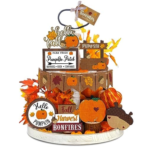 BBTO Set of 15 Thanksgiving Fall Tiered Tray Decor Pumpkins Farmhouse Decor Autumn Maple Leaf Table Centerpieces Harvest Wood Blocks Signs for HomeVivid Style