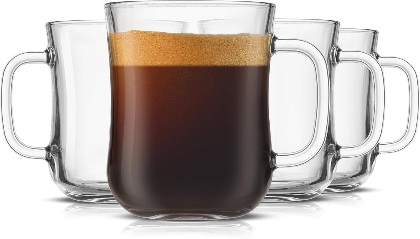 JoyJolt Glass Coffee Cups 155oz Diner Coffee Mug Set of 4 Glass Coffee Mugs Coffee Bar Accessories Cafe Style Clear Coffee Mug Cappuccino Cup Latte Cup Tea Cup Large Espresso Glasses