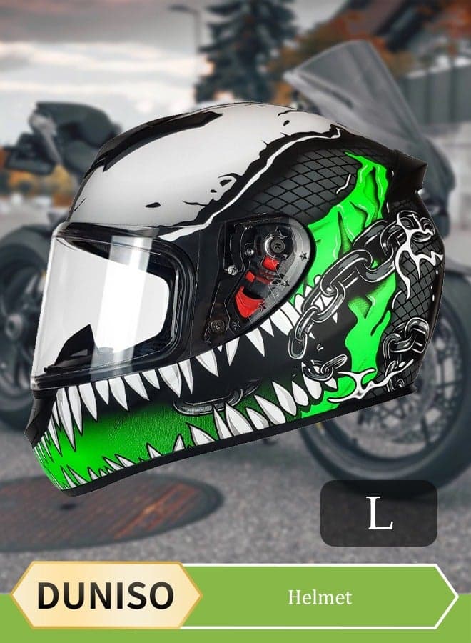 Full face motorcycle helmet, lightweight crash resistant motorcycle helmet, all season cool racing helmet, transparent lenses, breathable lining, suitable for both men and women (L)