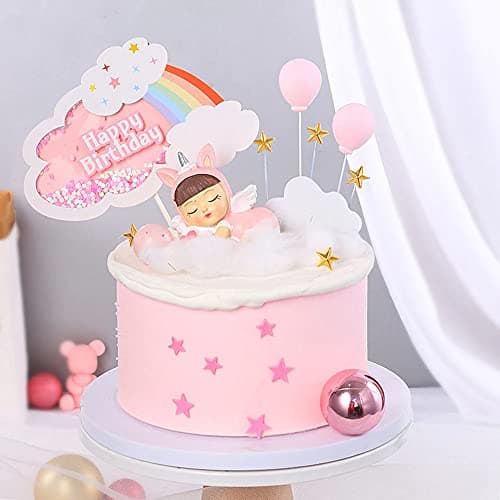AMFIN® Rainbow Cake Topper Birthday For Girls / Happy Birthday Rainbow Cake Topper / Cloud Cake Topper / Rainbow Cake Toppers Birthday / Cake Topper Birthday For Girls - Pink