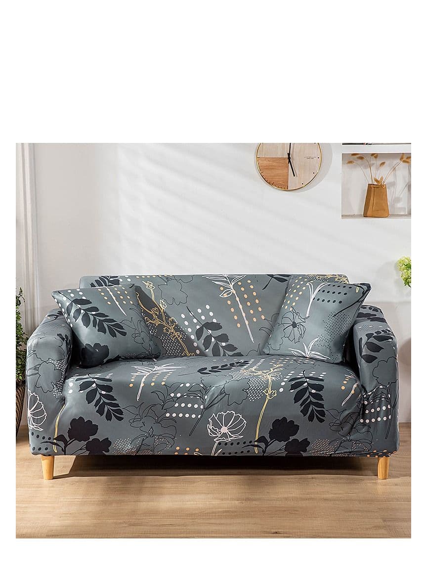 4-Seater Exquisitely Floarl Designed Wrinkle-free Anti-slip 360-degree Full Coverage Sofa Slipcover Beige/Blue Length Stretch From235 To300cm