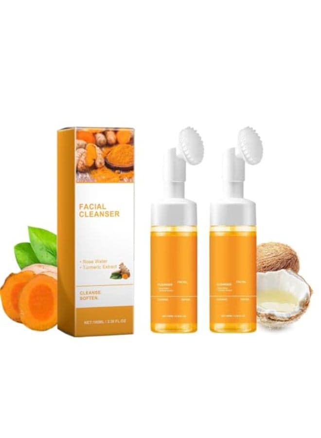 Yaper 2 Pcs Turmeric Brightening Facial CleanserDeep Cleansing Glow Wash Turmeric Face Foaming Wash with Brush for All Skin