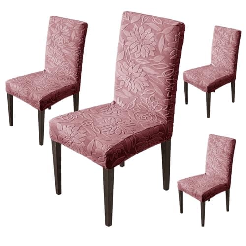 House of Quirk Stretchy Universal Camellia Jacquard Waterproof Chair Cover Removable & Washable Short Dining Chair Cover Protector Seat Slipcover (Maroon,Pack of 4)