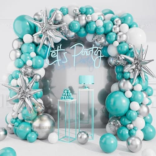 Toys Treasure We Deliver Smiles 140pcs Teal Silver Balloon Arch Kit - Confetti Latex & Star Foil Balloons for Birthday Anniversary Party Decorations