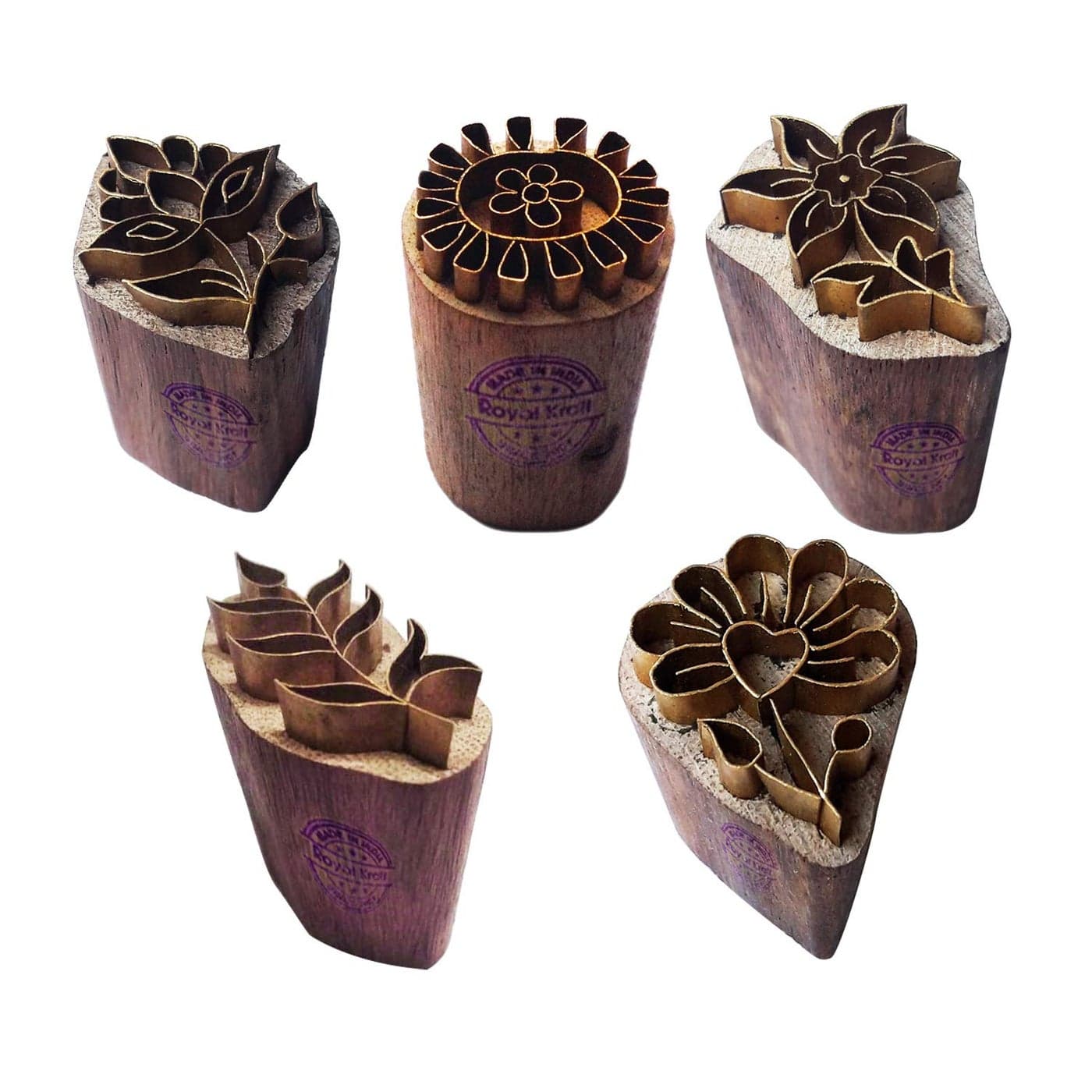 Royal Kraft Floral Brass Wooden Printing Stamps Set of 5 DIY Fabric Clay Pottery Blocks BHtag0002