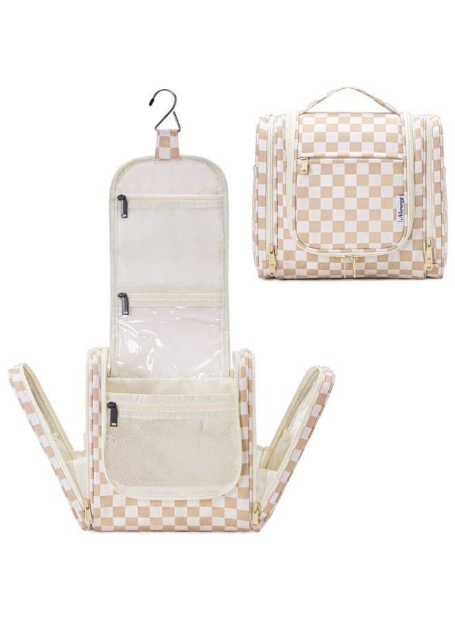 Large Hanging Toiletry Bag for Women Travel Makeup Bag Organizer Toiletries Bag Dry Wet Separation (Light Brown Checkerboard)