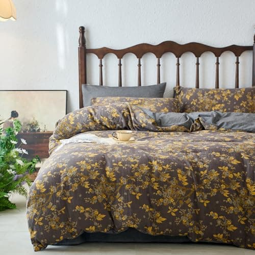 mixinni Vintage Floral Duvet Cover King Set Gold Jacquard Grey Reversible 100 YarnDyed DoubleLayer Cotton Breathable Luxurious Farmhouse Bedding 3Piece Includes 2 Pillowcases