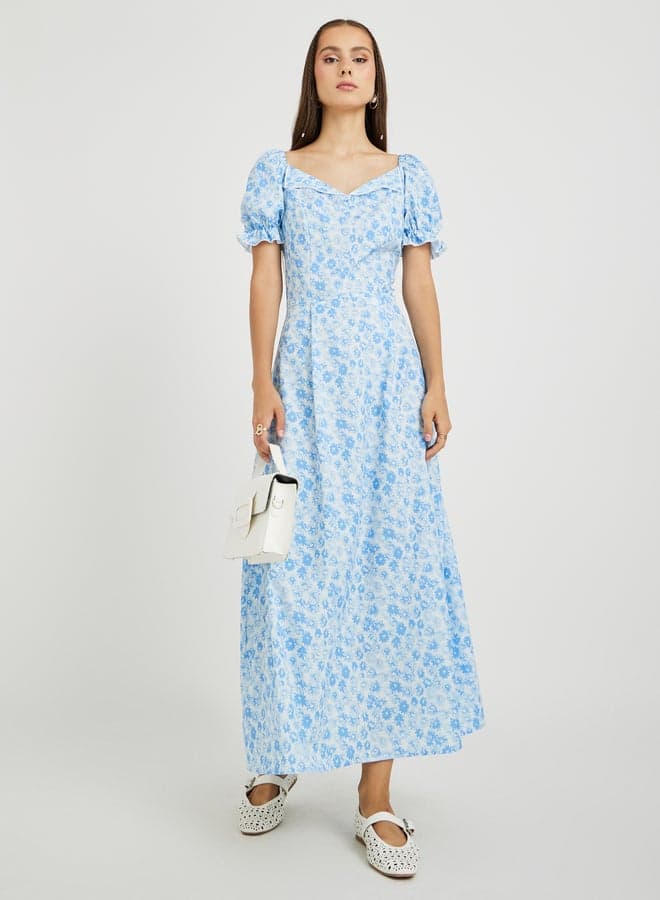 Floral Print Puff Sleeve A-Line Midi Dress