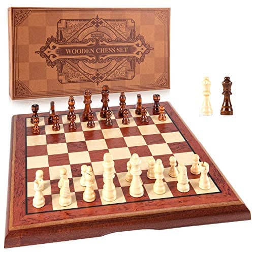 AMEROUS 15 Magnetic Wooden Chess Set Folding Board 2 Extra Queens Chessmen Storage Slots Gift Package Travel Chess Board Game Sets for Kids and Adults