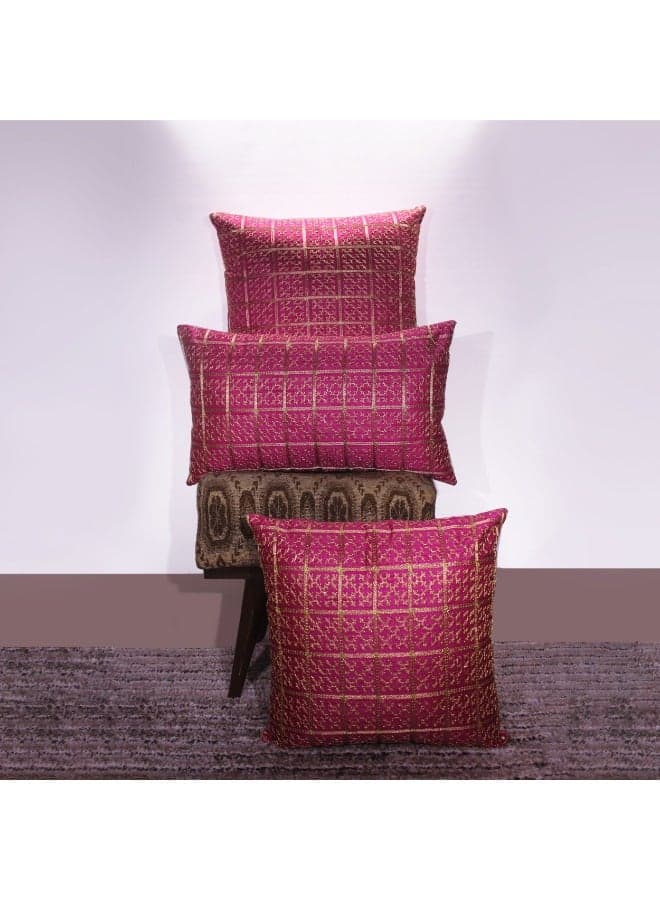 BYFT Orchard Cushion Cover 12 x 20 inch (Golden Checks Design - Fuchsia Pink) 30 x 50 cm Luxury Decorative Cushion Cover for Sofa, Bed & Living Room- Set of 2 with inserts