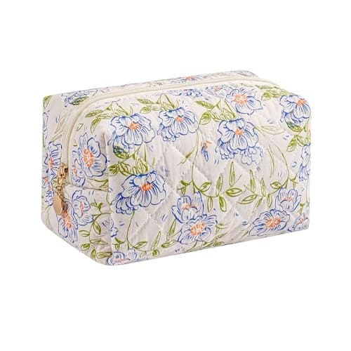 HHQQWZ Makeup Bag Travel Cosmetic Bag for Women Girls, Zipper Make Up Pouch, Floral Flowers Toiletry Organizer Makeup, Portable Storage Cosmetic Travel Cloth Bag (Large Blue Flowers)