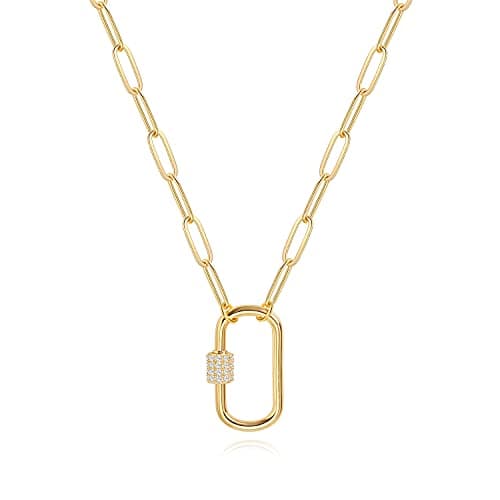 Aobei Pearl 18K Gold Paperclip Chain Necklace Fashion CZ Pave Oval Screw Lock Carabiner Clasp Pendant Necklace Geometric Link Chain Layering Jewelry for Women