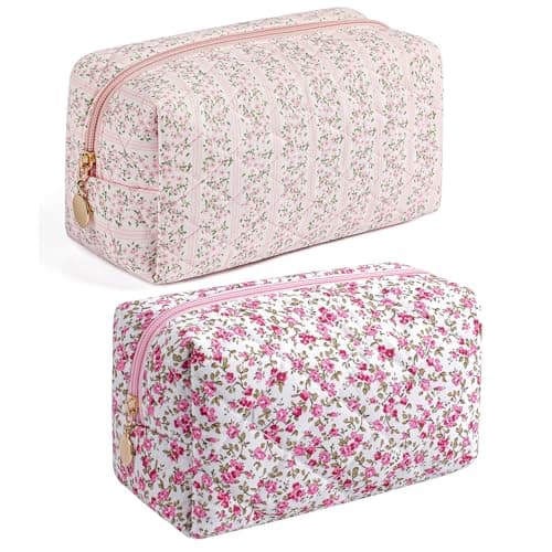 HHQQWZ Makeup Bag Travel Cosmetic Bag for Women Girls, Zipper Make Up Pouch, Floral Flowers Toiletry Organizer Makeup, Portable Storage Cosmetic Travel Cloth Bag (Pink+Flower-Pink)
