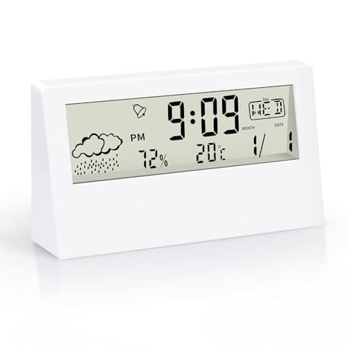 KADIO Plastic Digital Alarm Clock, Transparent LCD Display with Indoor Temperature, Humidness, Snooze, Date,Week,12/24H, Battery Operated Alarm Clock Desk Clock for Bedrooms, Living Room, White