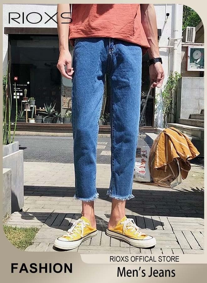 Men's Frayed Hem Skinny Fit Jeans, Casual Straight Leg Denim Pants with Pockets, Stylish Ankle Length Raw Hem Trousers, Comfortable Breathable Straight-Fit Jeans, Perfect for Everyday Wear