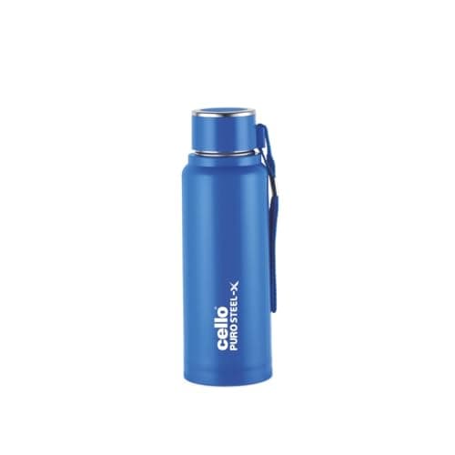 Cello Puro Steel-X Benz PU Insulated Water Bottle 410ml, Blue | BPA Free, Leakproof, ISI Certified | Hot & Cold Bottle for Gym, Office, College, Travel, Outdoor Sports & Yoga with Carry Loop