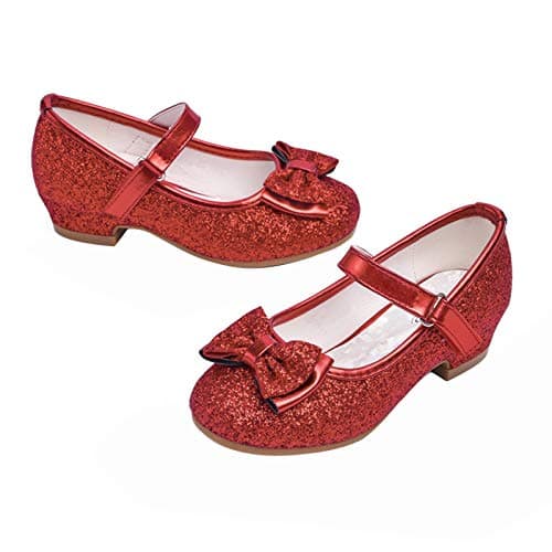 Stelle Girls Dress Shoes Glitter Princess Shoe Flower Mary Jane Low Heels Party Wedding Prom Footwear for Toddler Kids(T08-Red, 10MT)