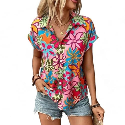 Gufrina Shirt for Women Stylish Western|Shirt Type top|Short Sleeve|Fabric Rayon| Collar Neck |Bright Floral Print|Casual Regular fit (in, Alpha, 4XL, Regular, Pink)