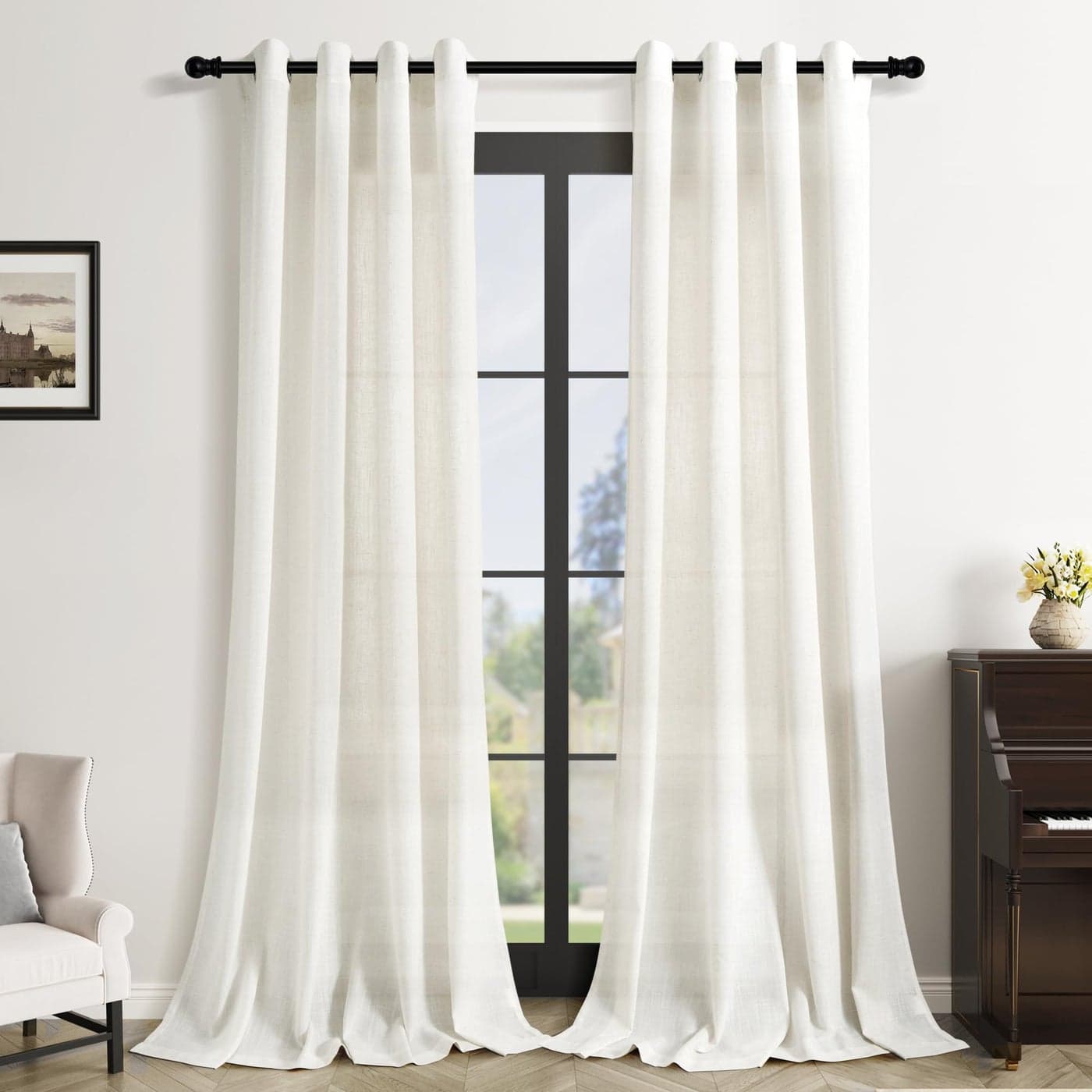 102 Inches Long Cream Living Room Curtains 2 Panels Set Grommet Ring Top Linen Drapes for Patio Sliding Door Light Filtering Modern Bohemian 102 Inch Curtain for Large Window Dining Office Bedroom