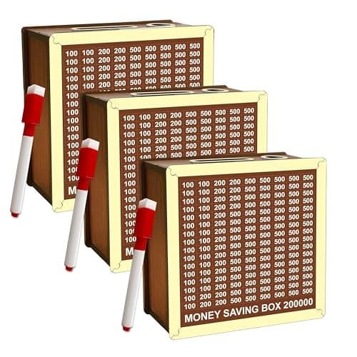 SWAGSTATION Money Saving Box for Kids and Adults | Wooden Money Bank with Lock | Big Size Piggy Bank 2 Lakh Target | 1 Lakh Saving Box with Numbers | Undiyal Hundi Piggy Bank (Money Box Pack of 3)