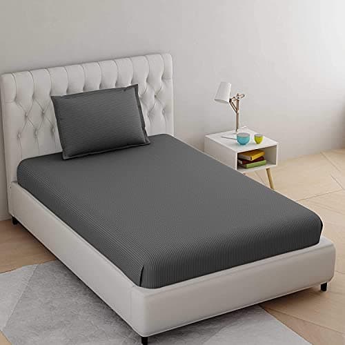 AKIN TOWEL 220 TC Glace Cotton Satin Stripes | Lining Plain Bedsheet for Single Bed with One Pillow Cover -60 x 90 Inches | (Single, Metallic Grey)