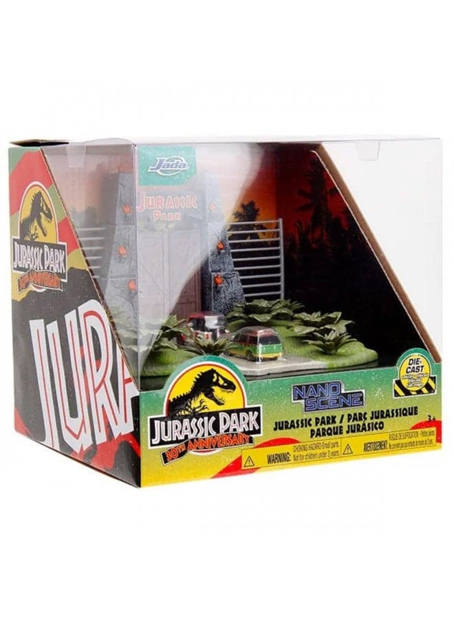 Nano Scene Jurassic Park 30th Anniversary Jurassic Gate Diorama w/ Two 1.65" Die-Cast Cars, Toys for Kids and Adults