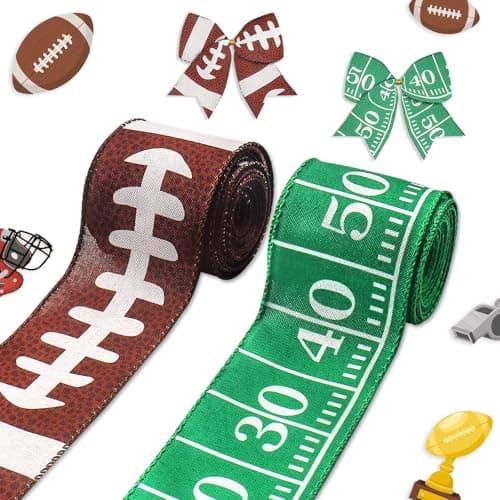 Threetols 2 Rolls 10 Yards Football Wired Edge Ribbons 25inch Brown Green American Football Burlap Ribbons Sport Gridiron Ribbon for Super Football Bowl DIY Craft Fall Bow Sport Team Party Decor