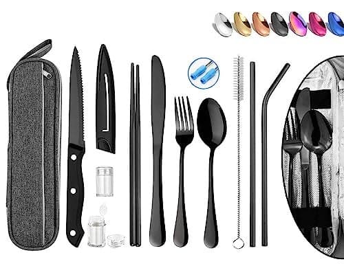 Stainless Steel Portable Reusable Travel Utensils with Case Flatware Cutlery Set Chopsticks Straw Black