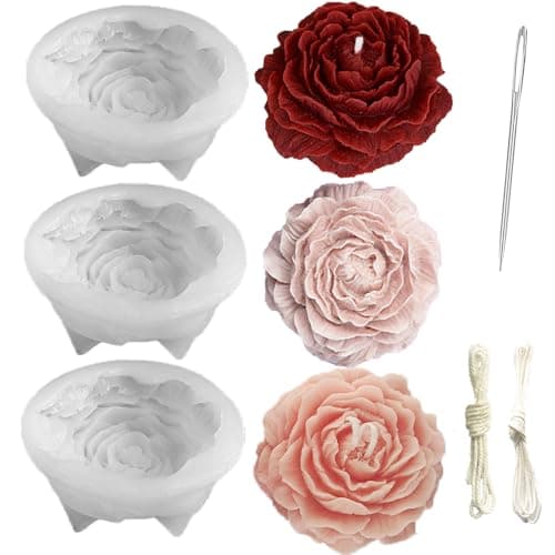 9PCS Large Peony Mold 35inch3 Pack Flower Mold with LargeEye Wicking NeedleCandle Wick Holders Resin Making Silicone Molds for Craft Cake Chocolate Making Home Decorate