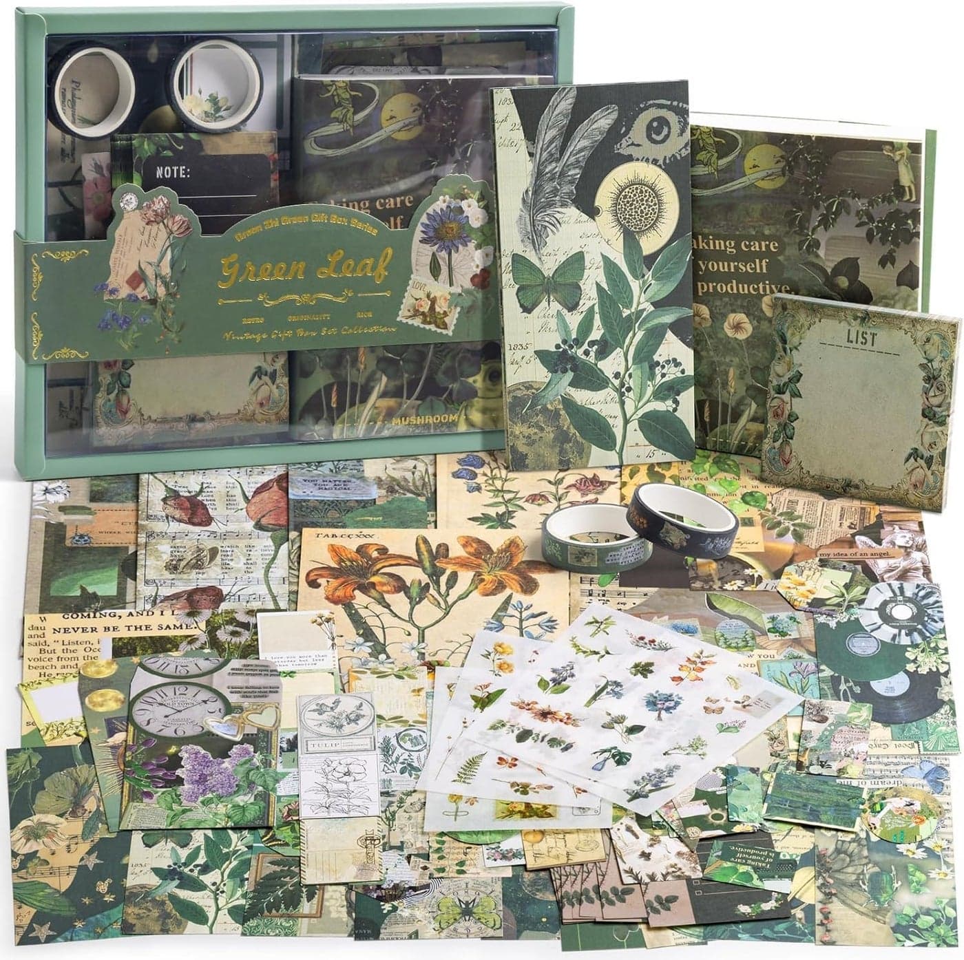 LANLOY 232 Pcs Scrapbook kit, Junk journal kit With Journaling Supplies, Scrapbook Paper, A6 Grid Notebook, Washi Stickers, Washi tape, Scrapbook kit Craft DIY Gift Set (Nature)