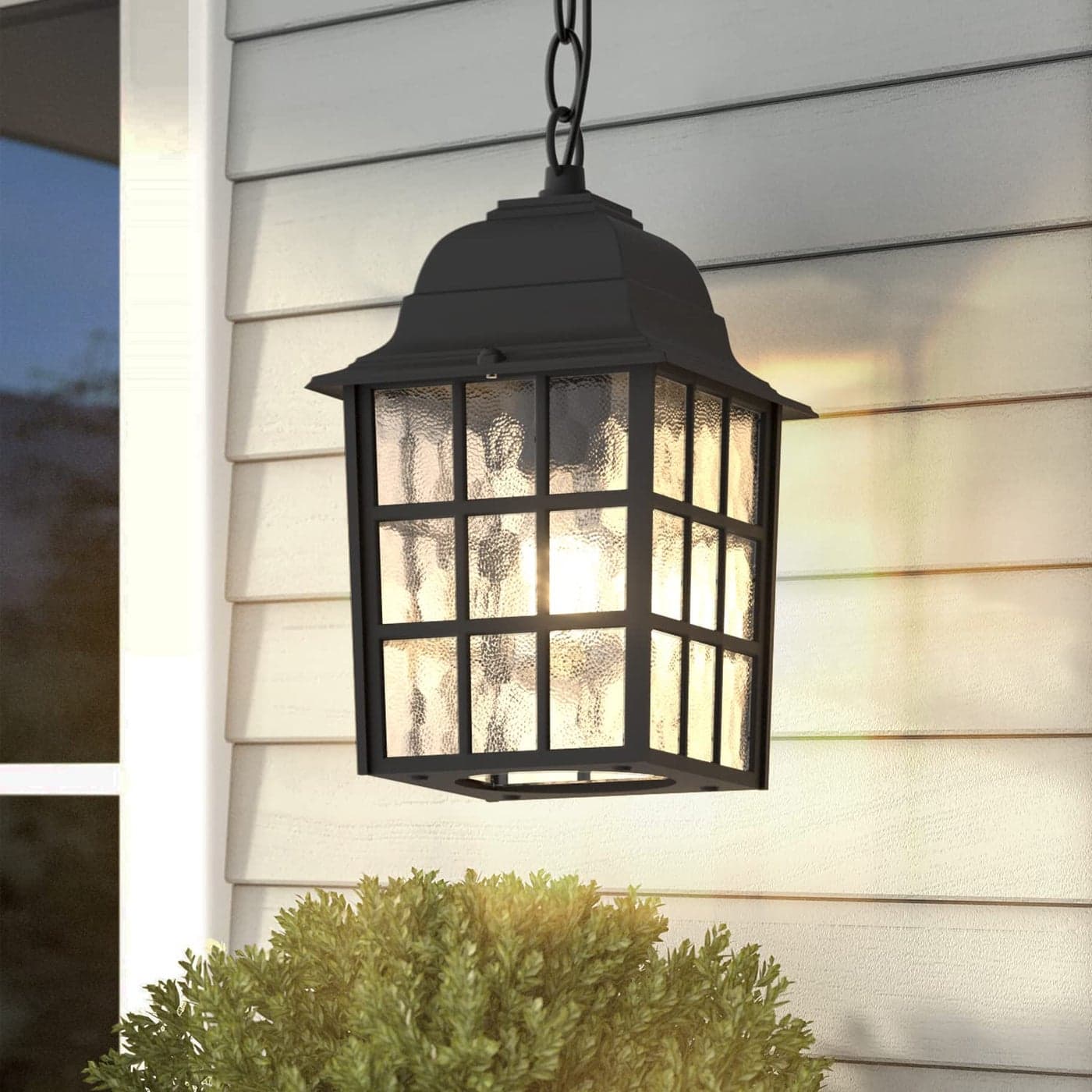 Aoceley Outdoor Pendant Light, Exterior Ceiling Hanging Lantern Porch Light with Water Glass, Outdoor Hanging Lantern Light Black Exterior Pendant Lighting Fixture for Porch, Yard, Gazebo