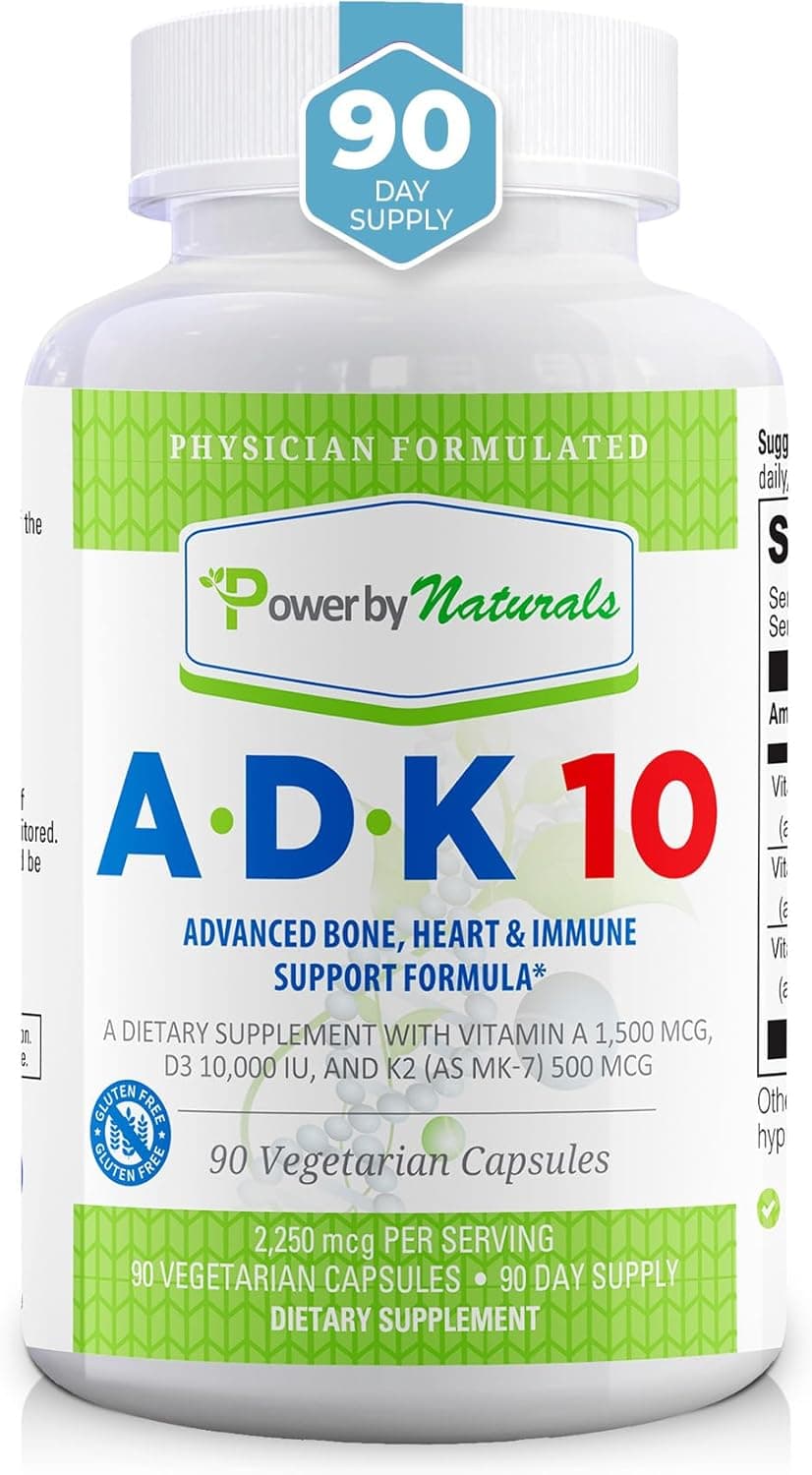 Power By Naturals ADK Vitamin Supplement ADK 10 High Potency with Vitamins A D3 10000 IU K2 MK7 for Superior Heart Immune Bone Health Support 90 Capsules 1 Pack 3Month Supply