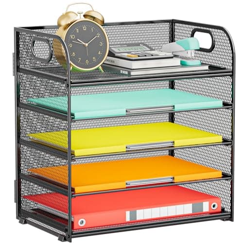 Kinkota Paper Organizer Letter Tray with Handle 5Tier Black Stackable Desk Organizer with Metal Mesh Sturdy Paper Tray for Office Desk Home Classroom Supplies Storage