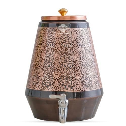 Indian Art Villa Copper Water Carafes with Embossed Design, Antique Finish, Pyramid Shape, Water Pot with Lid and Tap, Vessel for Water Storage, Perfect for Home Dcor and Everyday Use