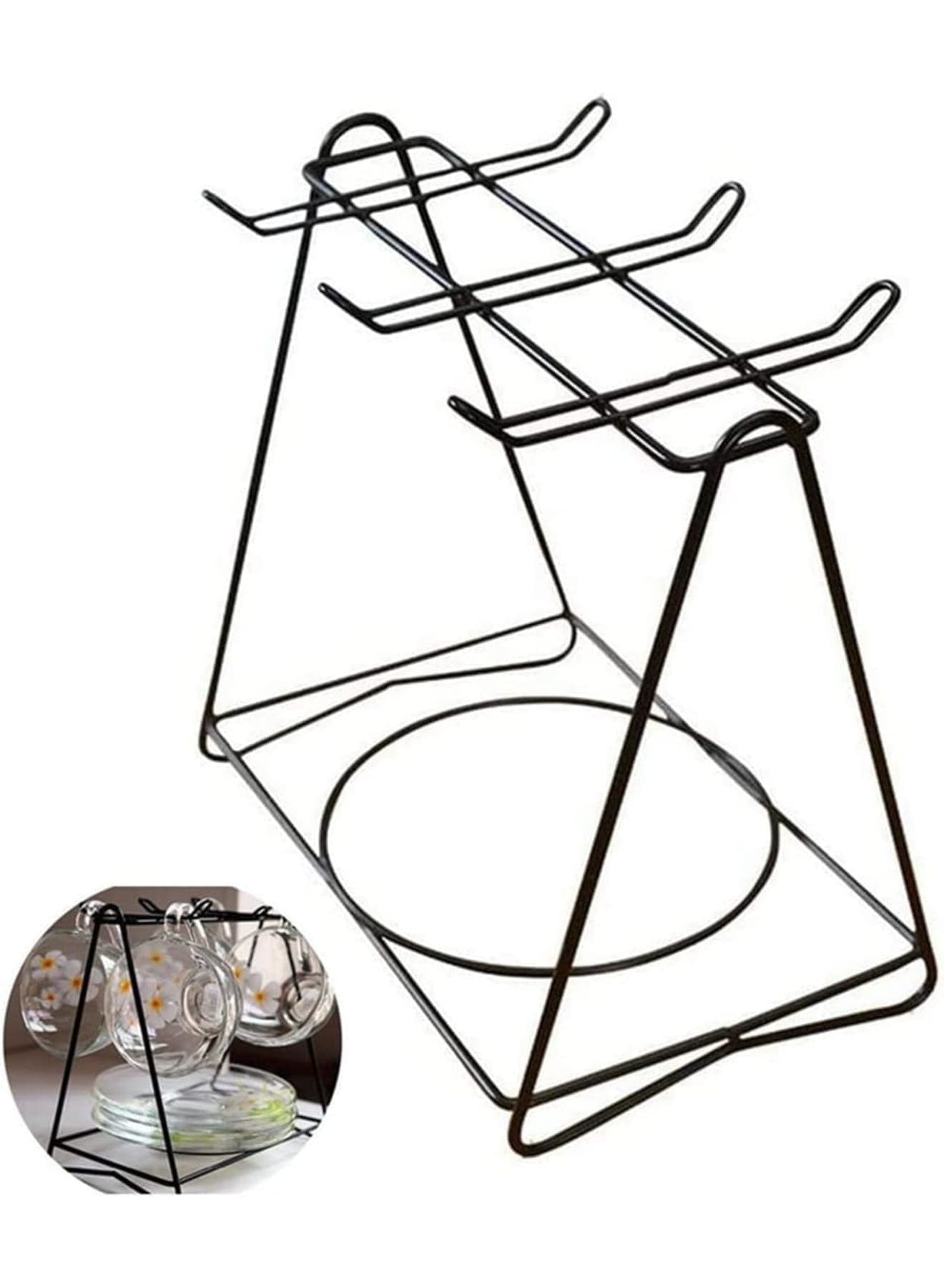 Stainless Steel Coffee Cup Holder Stand for 6 Cups, Saucers u0026 Spoon Sets – Stylish Tea Service Display Frame for Kitchen, Dining Room, Countertop Organization (Black)