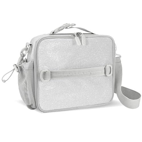 Bentgo Kids Lunch Bag - Double-Insulated, Reusable Lunch Bag for Kids 3+ with Adjustable Strap; Holds Lunch Box/Water Bottle/Snacks; Easy-Clean, Water-Resistant & Pockets (Glitter Edition - Silver)
