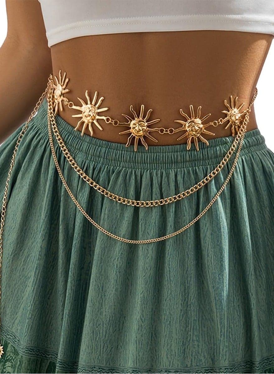 Multilayer Gold Sun Chain Belt | Western Cowgirl Waist Belt for Dresses & Jeans | Adjustable Metal Body Chain for Country Concerts, Daily Wear | Fashion Belly Jewelry Accessory