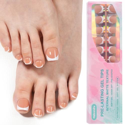 Misssix Press On Toe nails Short 150Pcs Brown French Toe Nail Tips Square Soft Gel Fake Toe Nail Tips Extensions for Women Nail Art DIY 15 Sizes