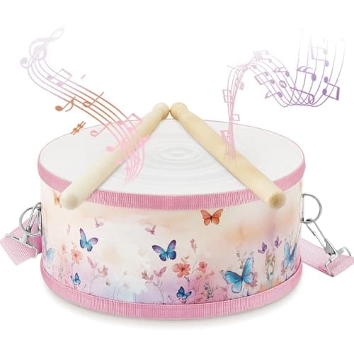 Boao 1 PC Kids Drum Set 8 Inch Toddler Drum Wooden Toy with Adjustable Strap and 2 Drumsticks Educational Sensory Musical Instrument for Toddlers Kid Baby Boys Girls GiftButterfly